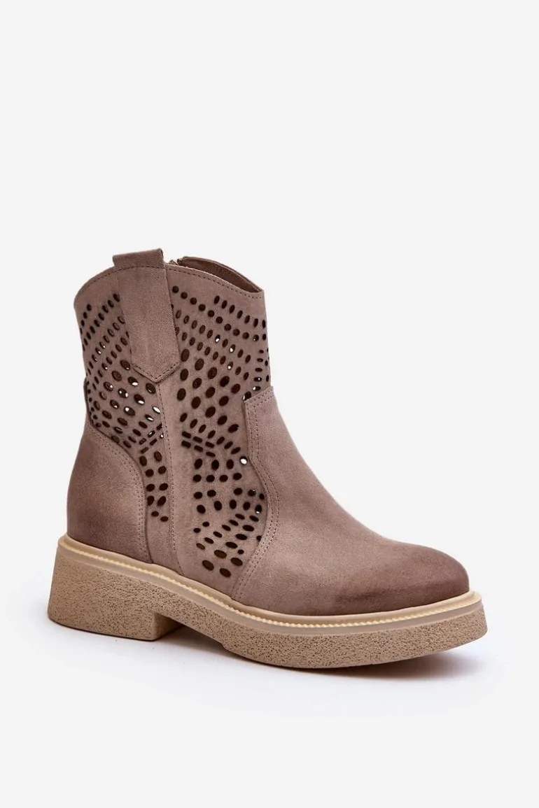 Zazoo 3470 Zamszowe Botki Damskie Na Płaskim Obcasie Ażurowe Cappuccino