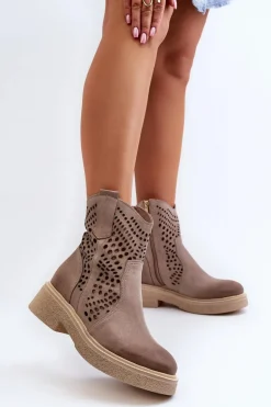 Zazoo 3470 Zamszowe Botki Damskie Na Płaskim Obcasie Ażurowe Cappuccino