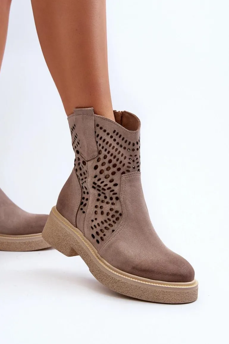 Zazoo 3470 Zamszowe Botki Damskie Na Płaskim Obcasie Ażurowe Cappuccino
