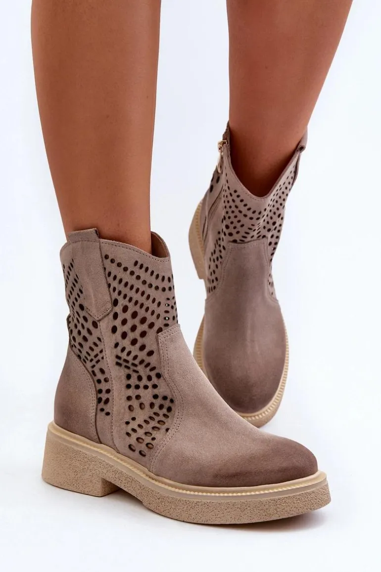 Zazoo 3470 Zamszowe Botki Damskie Na Płaskim Obcasie Ażurowe Cappuccino