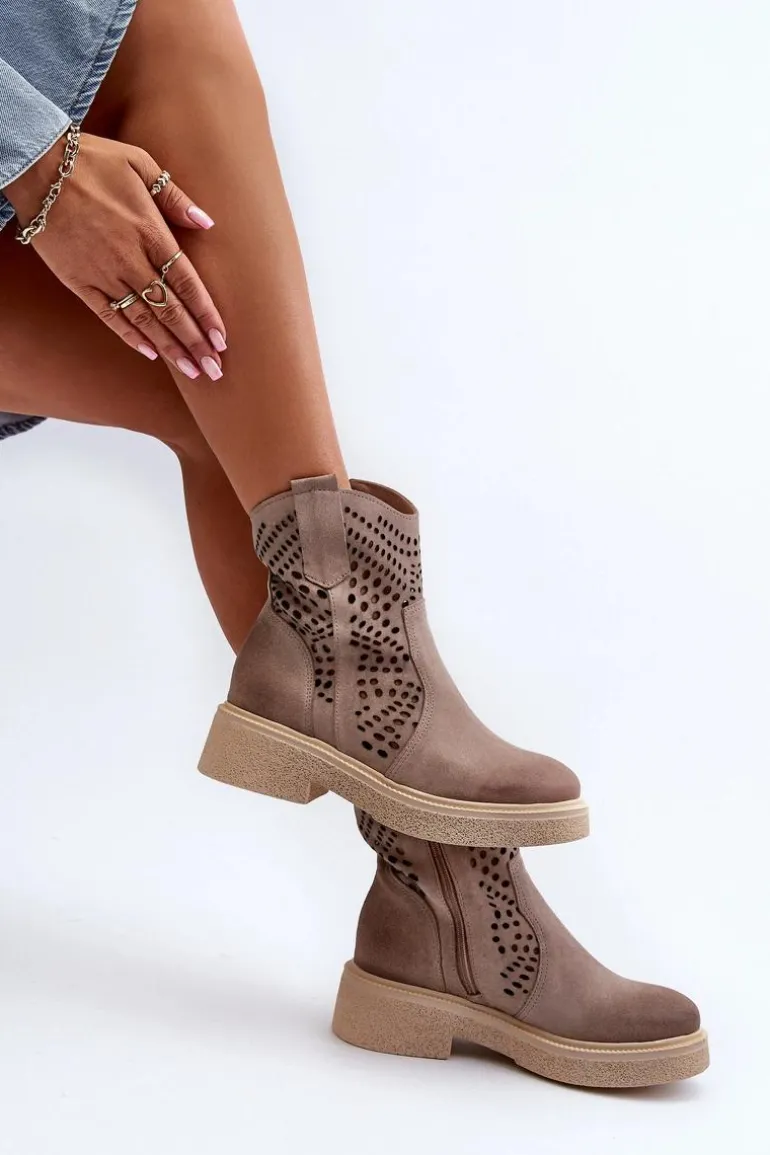 Zazoo 3470 Zamszowe Botki Damskie Na Płaskim Obcasie Ażurowe Cappuccino