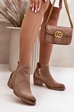 Zazoo 60475 Zamszowe Botki Damskie Na Niskim Obcasie Ocieplane Ciemnobeżowe