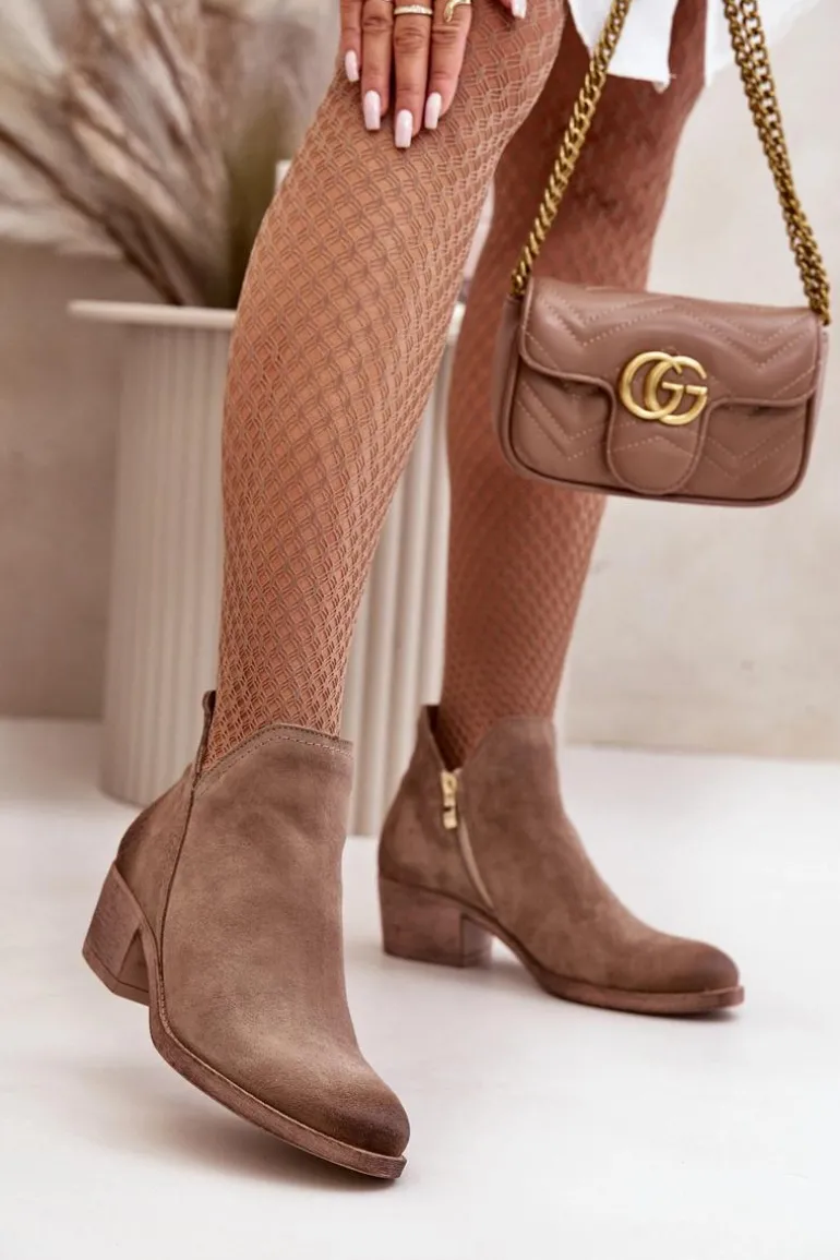 Zazoo 60475 Zamszowe Botki Damskie Na Niskim Obcasie Ocieplane Ciemnobeżowe