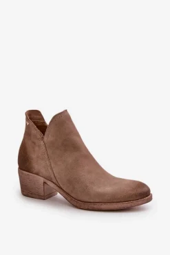 Zazoo 60475 Zamszowe Botki Damskie Na Niskim Obcasie Ocieplane Ciemnobeżowe