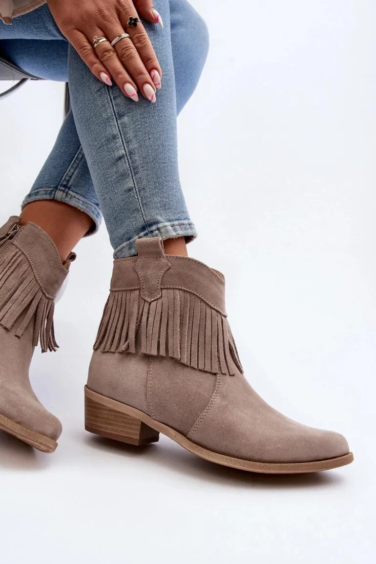 Zazoo 3430 Zamszowe Botki Damskie Z Frędzlami Cappucino