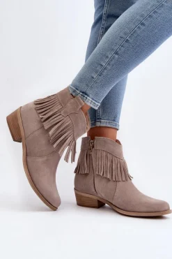 Zazoo 3430 Zamszowe Botki Damskie Z Frędzlami Cappucino