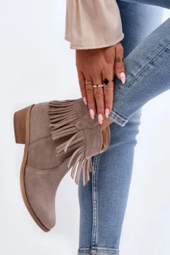 Zazoo 3430 Zamszowe Botki Damskie Z Frędzlami Cappucino