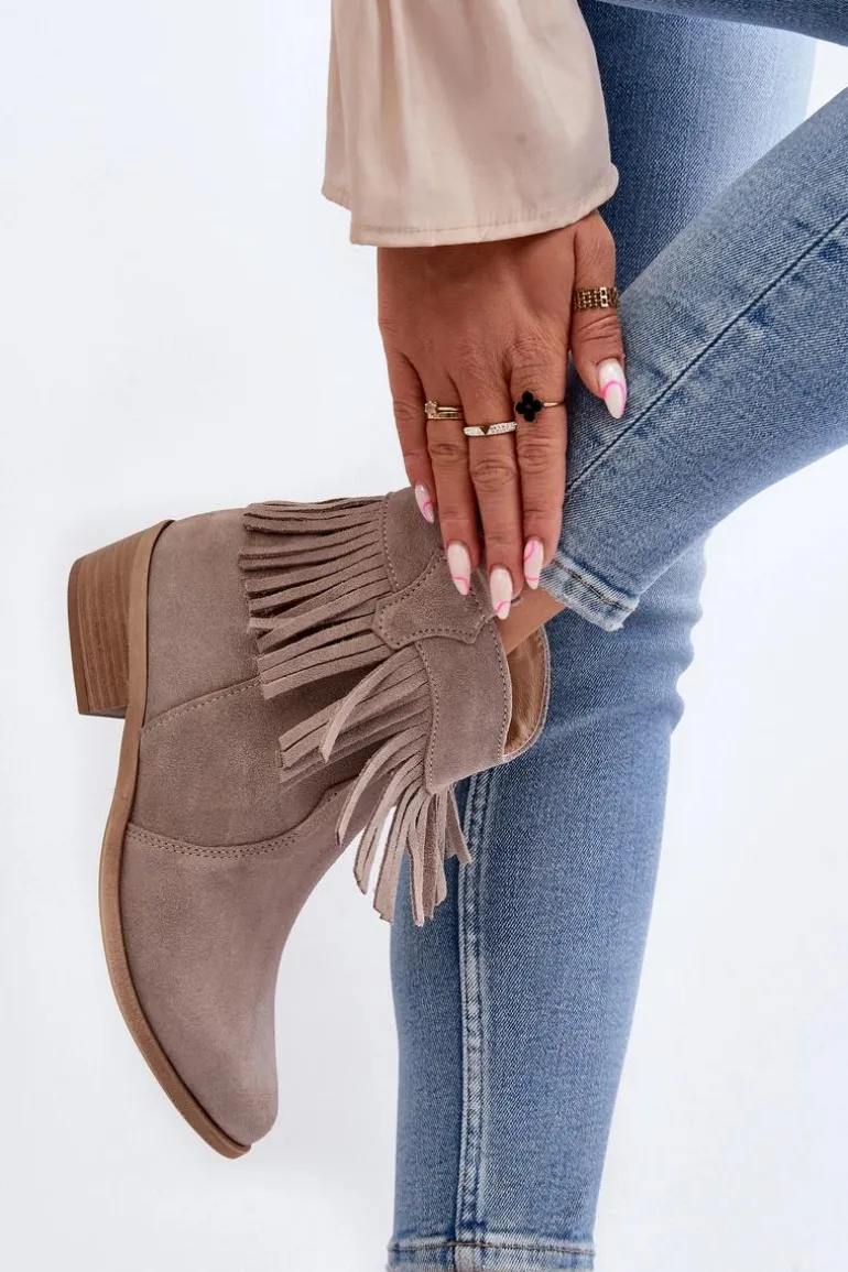 Zazoo 3430 Zamszowe Botki Damskie Z Frędzlami Cappucino