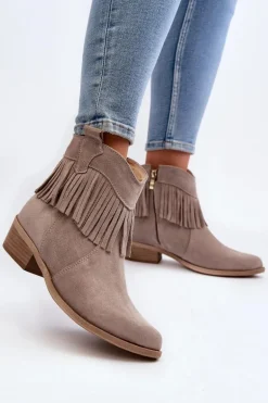 Zazoo 3430 Zamszowe Botki Damskie Z Frędzlami Cappucino