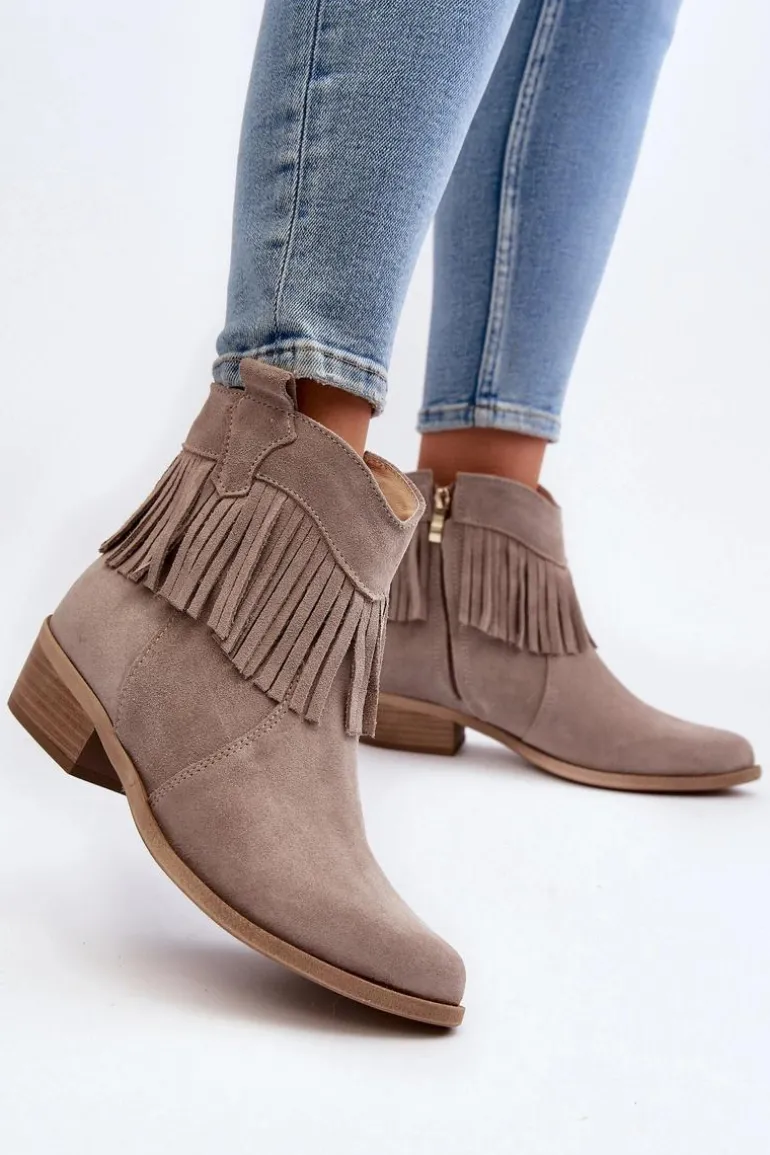 Zazoo 3430 Zamszowe Botki Damskie Z Frędzlami Cappucino