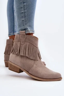 Zazoo 3430 Zamszowe Botki Damskie Z Frędzlami Cappucino