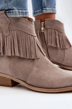 Zazoo 3430 Zamszowe Botki Damskie Z Frędzlami Cappucino