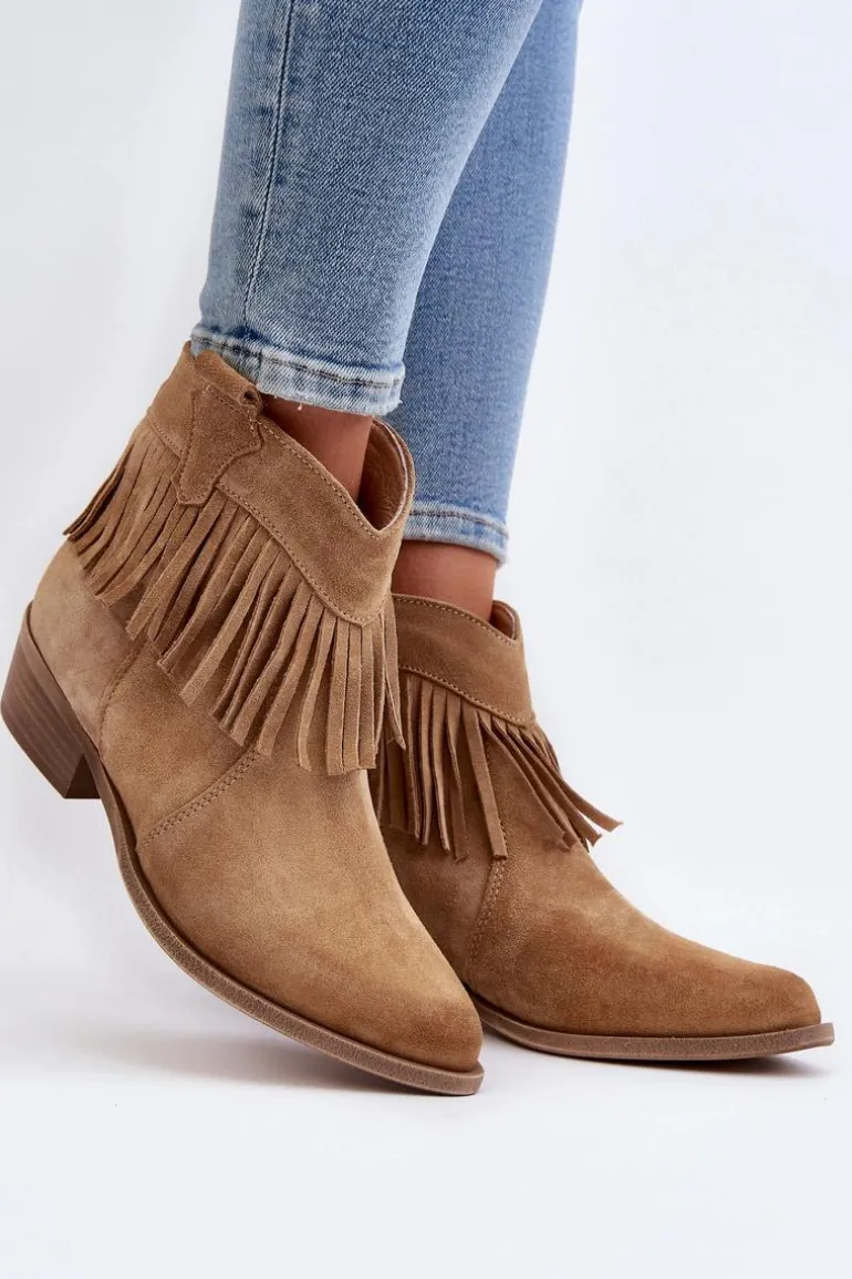 Zazoo 3430 Zamszowe Botki Damskie Z Frędzlami Beżowe