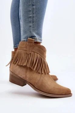 Zazoo 3430 Zamszowe Botki Damskie Z Frędzlami Beżowe