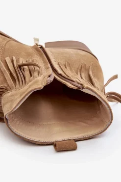 Zazoo 3430 Zamszowe Botki Damskie Z Frędzlami Beżowe