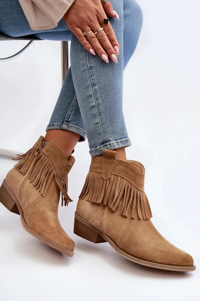 Zazoo 3430 Zamszowe Botki Damskie Z Frędzlami Beżowe