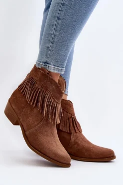 Zazoo 3430 Zamszowe Botki Damskie Z Frędzlami Camel