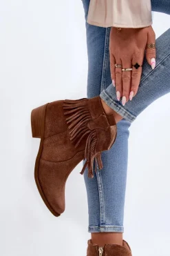 Zazoo 3430 Zamszowe Botki Damskie Z Frędzlami Camel