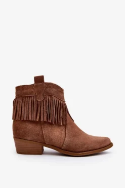 Zazoo 3430 Zamszowe Botki Damskie Z Frędzlami Camel