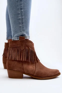 Zazoo 3430 Zamszowe Botki Damskie Z Frędzlami Camel