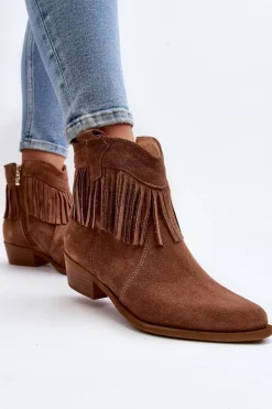 Zazoo 3430 Zamszowe Botki Damskie Z Frędzlami Camel