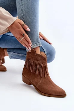 Zazoo 3430 Zamszowe Botki Damskie Z Frędzlami Camel
