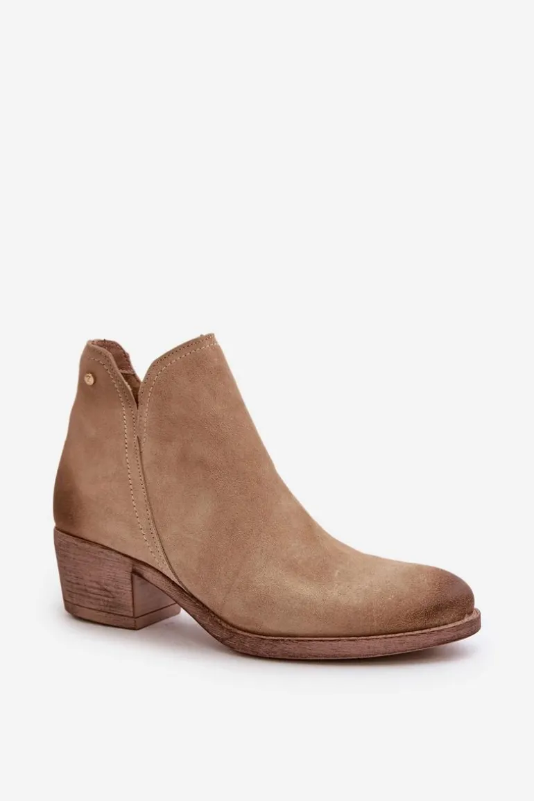 Zazoo 60475 Zamszowe Botki Damskie Na Niskim Obcasie Ocieplane Beżowe