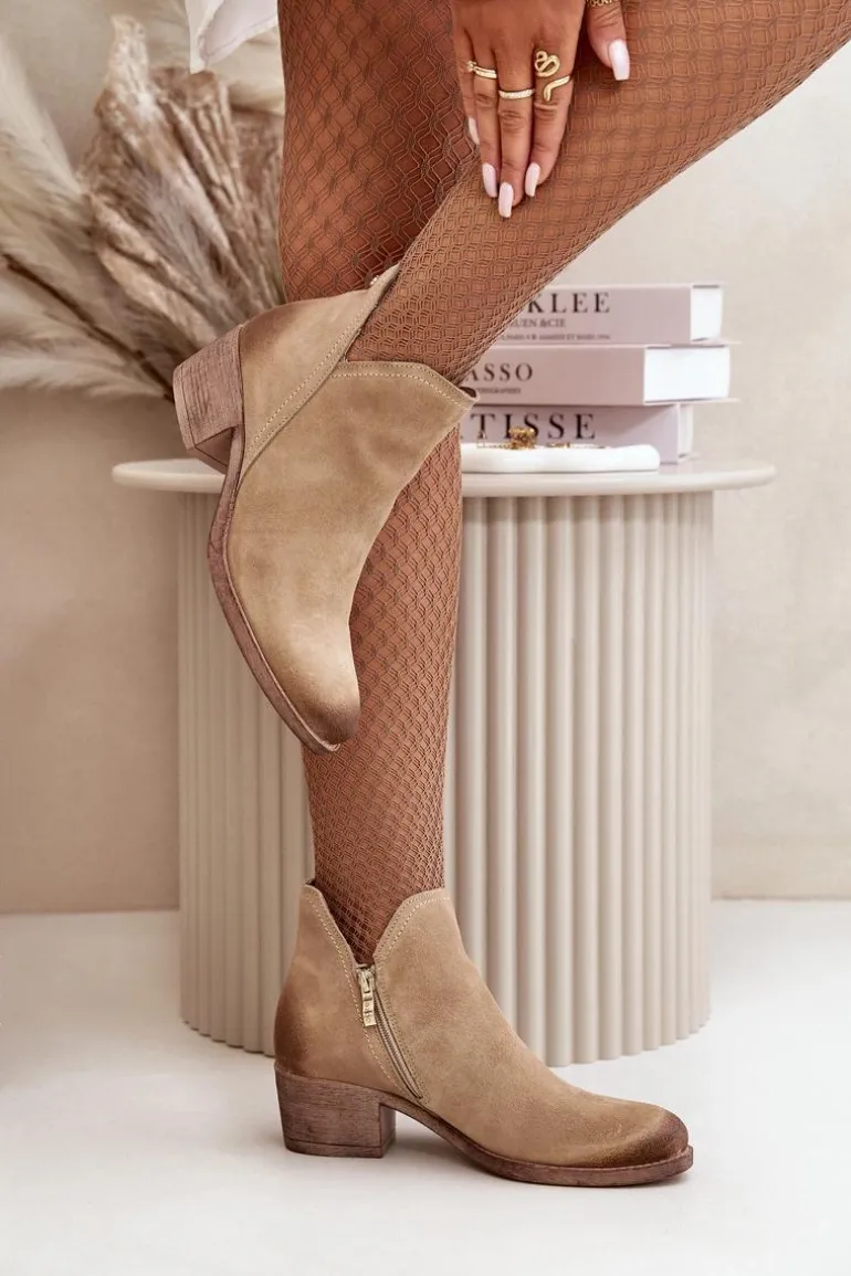 Zazoo 60475 Zamszowe Botki Damskie Na Niskim Obcasie Ocieplane Beżowe