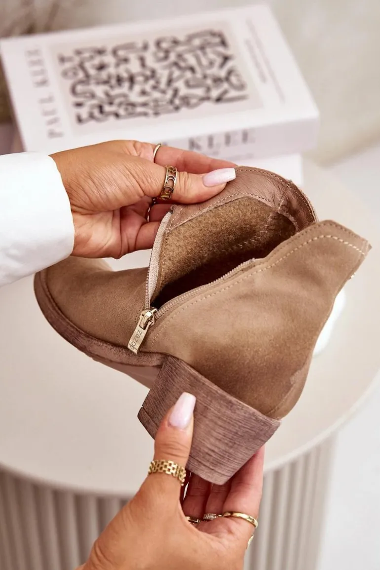 Zazoo 60475 Zamszowe Botki Damskie Na Niskim Obcasie Ocieplane Beżowe