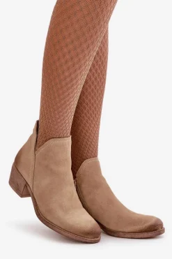 Zazoo 60475 Zamszowe Botki Damskie Na Niskim Obcasie Ocieplane Beżowe