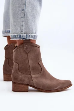 Zazoo 3329 Zamszowe Botki Kowbojki Na Niskim Obcasie Ciemnobeżowe