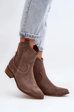 Zazoo 3329 Zamszowe Botki Kowbojki Na Niskim Obcasie Ciemnobeżowe