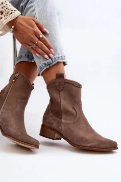 Zazoo 3329 Zamszowe Botki Kowbojki Na Niskim Obcasie Ciemnobeżowe