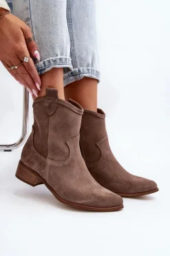 Zazoo 3329 Zamszowe Botki Kowbojki Na Niskim Obcasie Ciemnobeżowe