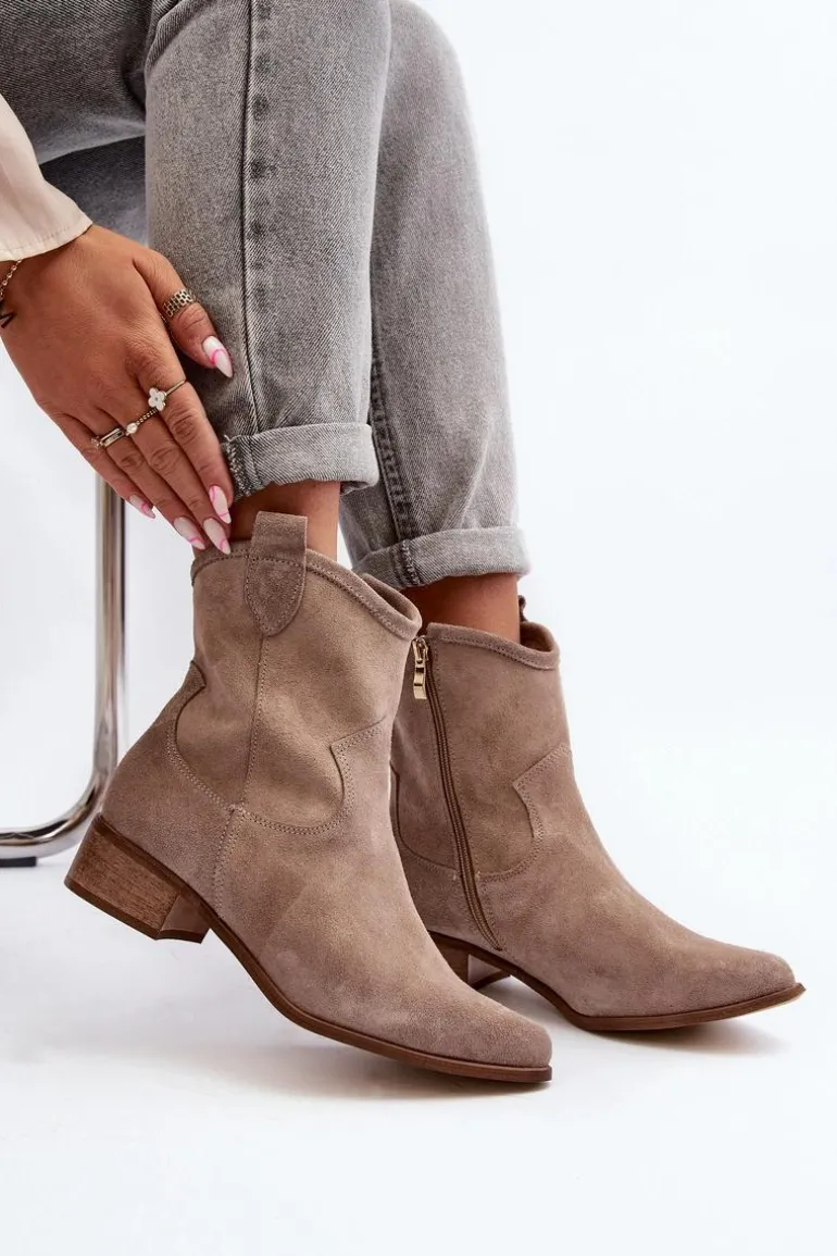 Zazoo 3329 Zamszowe Botki Kowbojki Na Niskim Obcasie Cappucino