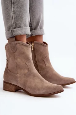 Zazoo 3329 Zamszowe Botki Kowbojki Na Niskim Obcasie Cappucino