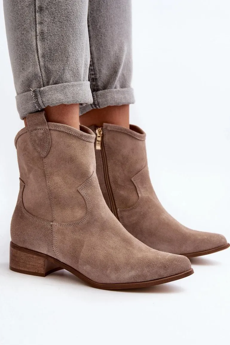 Zazoo 3329 Zamszowe Botki Kowbojki Na Niskim Obcasie Cappucino