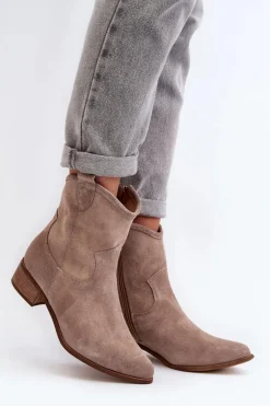 Zazoo 3329 Zamszowe Botki Kowbojki Na Niskim Obcasie Cappucino