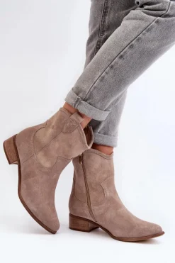 Zazoo 3329 Zamszowe Botki Kowbojki Na Niskim Obcasie Cappucino