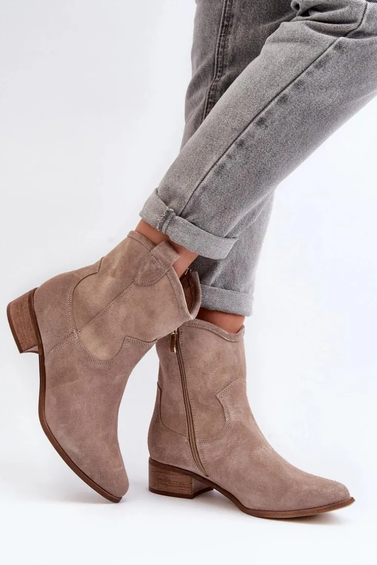 Zazoo 3329 Zamszowe Botki Kowbojki Na Niskim Obcasie Cappucino