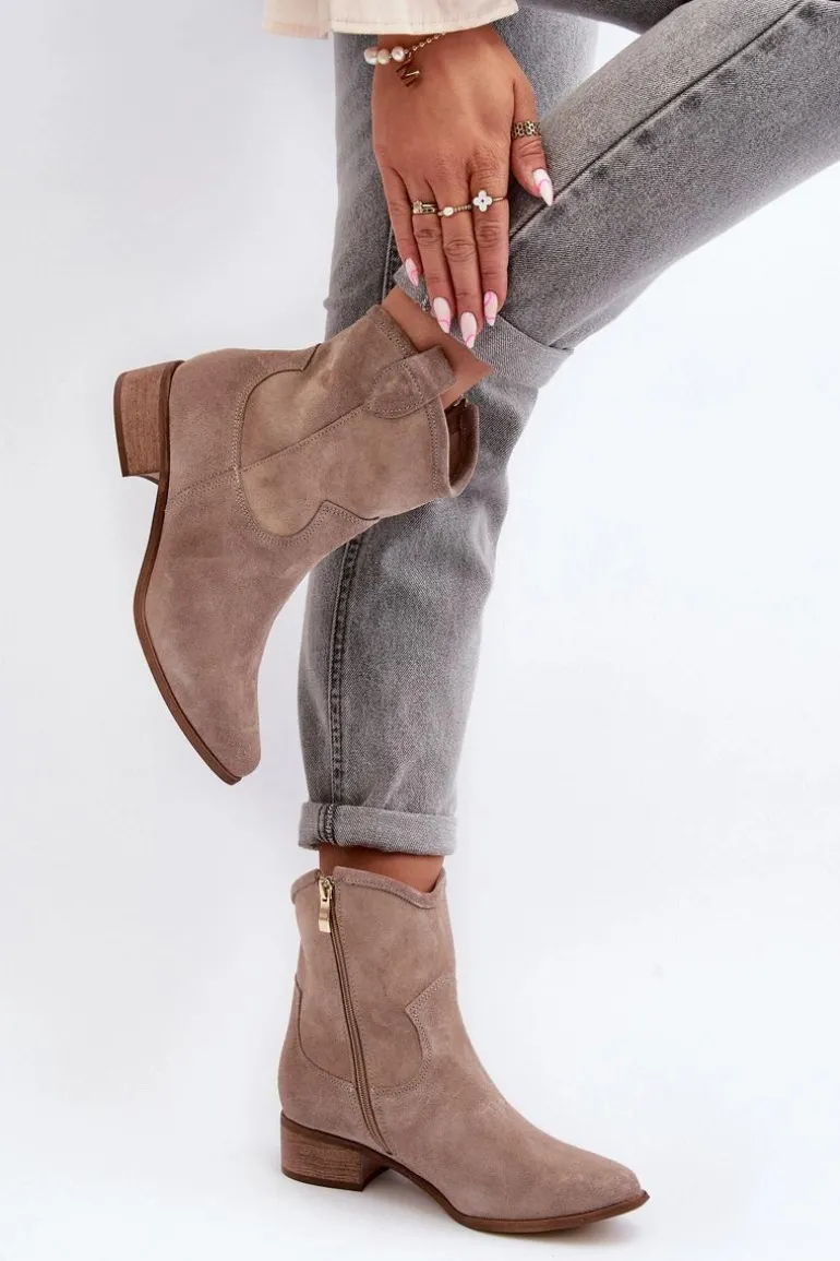 Zazoo 3329 Zamszowe Botki Kowbojki Na Niskim Obcasie Cappucino