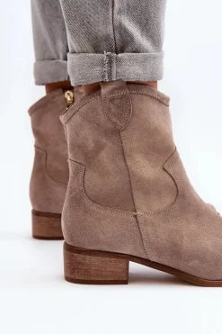 Zazoo 3329 Zamszowe Botki Kowbojki Na Niskim Obcasie Cappucino