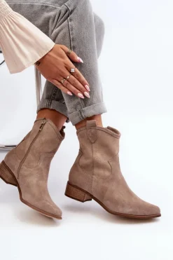 Zazoo 3329 Zamszowe Botki Kowbojki Na Niskim Obcasie Cappucino