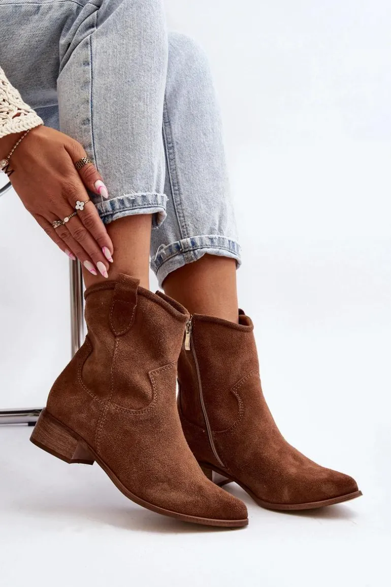 Zazoo 3329 Zamszowe Botki Kowbojki Na Niskim Obcasie Brązowe