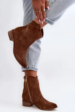 Zazoo 3329 Zamszowe Botki Kowbojki Na Niskim Obcasie Brązowe