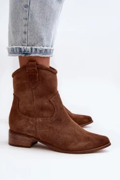 Zazoo 3329 Zamszowe Botki Kowbojki Na Niskim Obcasie Brązowe