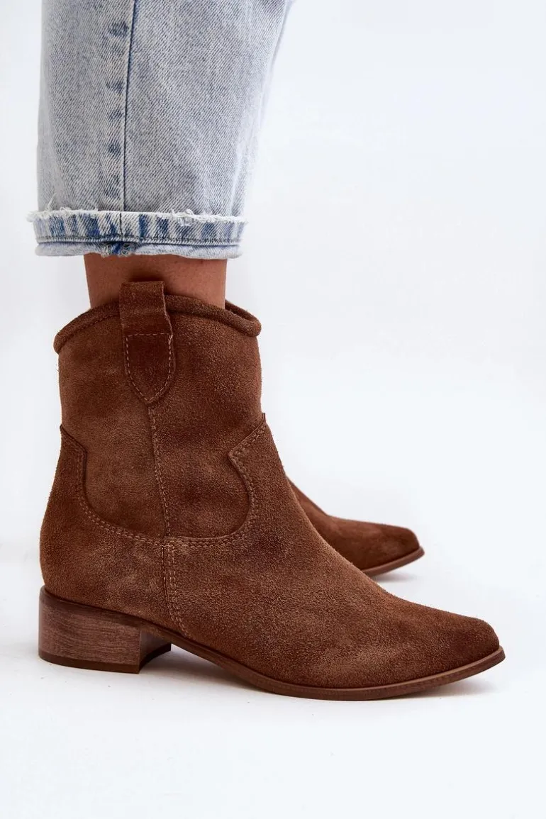 Zazoo 3329 Zamszowe Botki Kowbojki Na Niskim Obcasie Brązowe