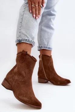 Zazoo 3329 Zamszowe Botki Kowbojki Na Niskim Obcasie Brązowe