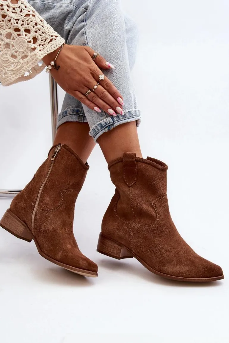 Zazoo 3329 Zamszowe Botki Kowbojki Na Niskim Obcasie Brązowe