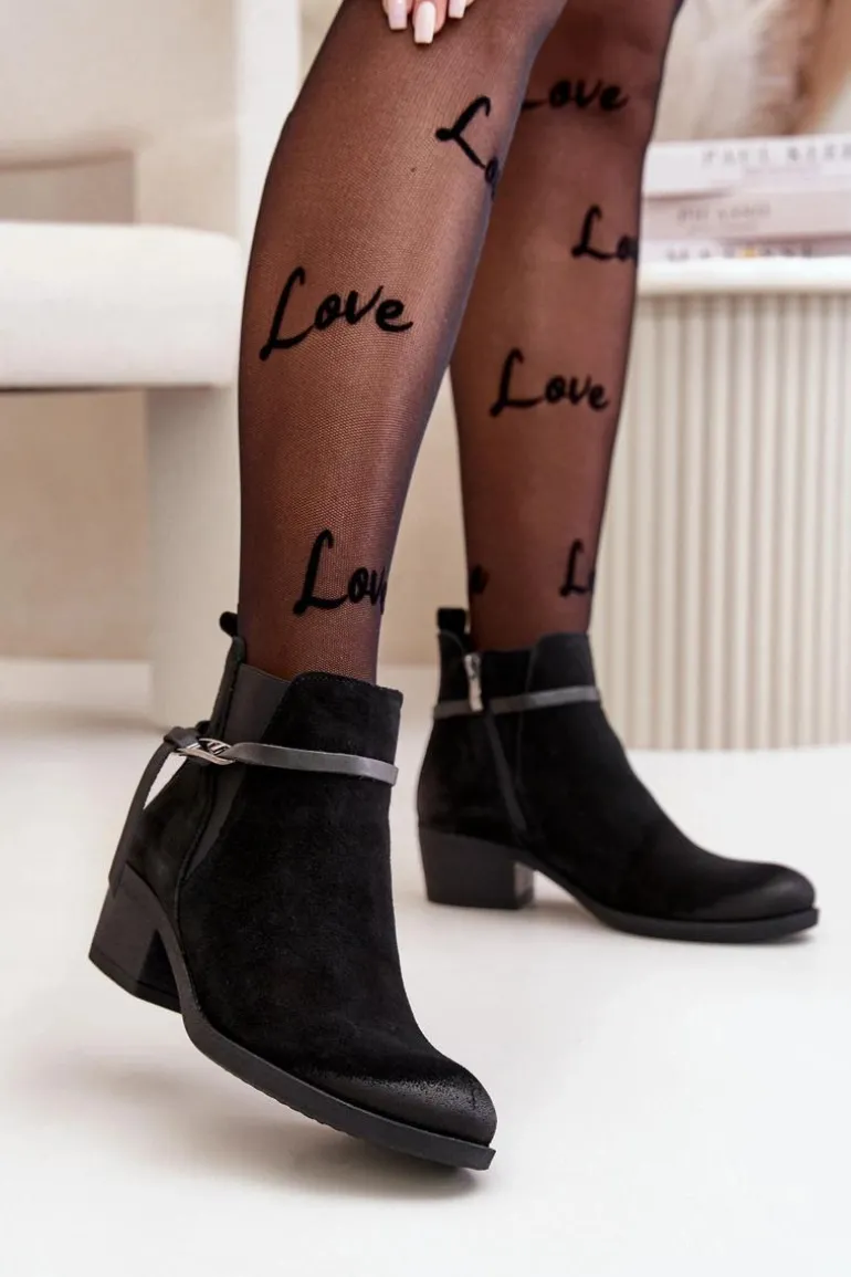 Zazoo 60478 Zamszowe Botki Na Obcasie Ocieplane Zapinane Na Zamek Czarne